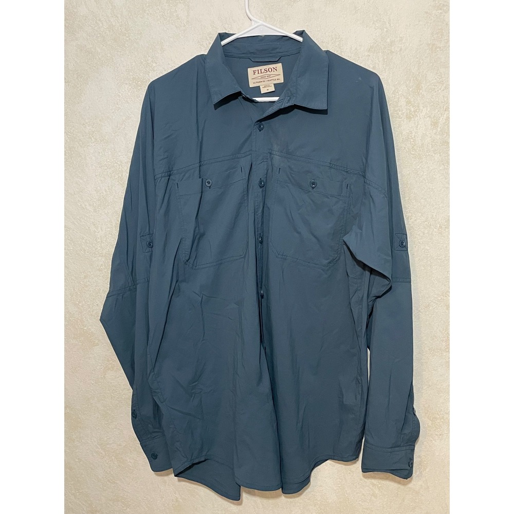 Filson Mens M Long Sleeve Button Down Fishing Shirt Blue Gray Nylon Ripstop Vent